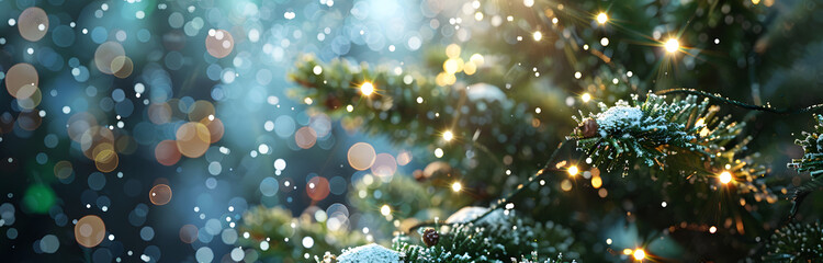 Christmas tree with snow and decoration in the style of green bokeh background banner