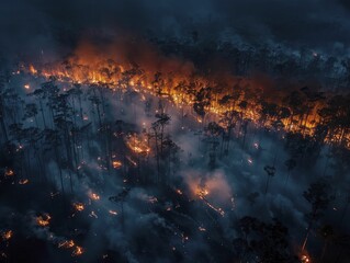 Witness the haunting aftermath of climate-induced conflicts under the eerie glow of forest fires at night.