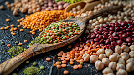 An expansive view of a wooden spoon amid a variety of legumes, such as lentils, chickpeas, and kidney beans, spread out on a dark, rustic table.