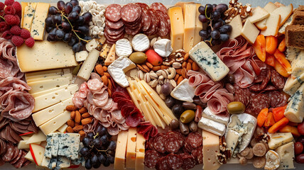 An overhead view of an artisan cheese and charcuterie board, with an assortment of cheeses, meats,...