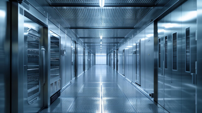 A food freezing and storage facility with freezing chambers and cold storage rooms, momentarily still but ready to preserve perishable goods