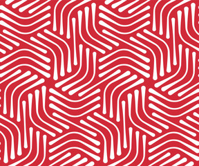 Seamless repeating pattern with striped white hexagons on a red color background. Modern elegant bicolor style. Thin curved lines. Abstract geometric vector illustration.