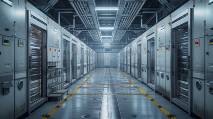 A food freezing and storage facility with freezing chambers and cold storage rooms, momentarily still but ready to preserve perishable goods