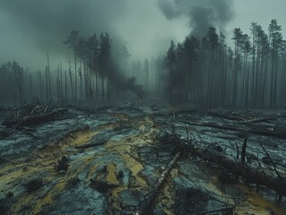 The haunting aftermath: forests near battle zones reduced to skeletal remains by the dual devastations of war and climate change. - obrazy, fototapety, plakaty