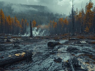 Amidst battle scars, forests lie in ruins, casualties of both war and climate's relentless fury. - obrazy, fototapety, plakaty