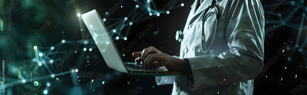 Poster digital health and medical technology concept with doctor using laptop computer to check patient dat
