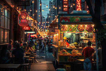 A bustling city street at twilight, with a vibrant and colorful food truck serving exotic street food, surrounded by eager customers illuminated by the warm glow of string lights overhead.
