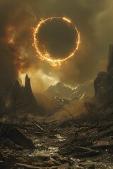 Nature's grand spectacle, a solar eclipse, transcends over a war-torn land scarred by climate change and human strife.
