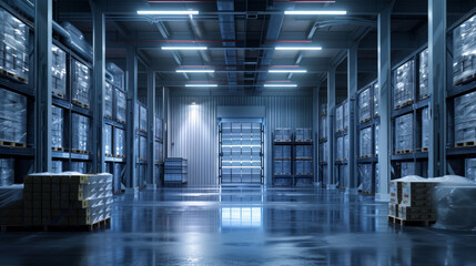 A food freezing and storage facility with freezing chambers and cold storage rooms, momentarily still but ready to preserve perishable goods
