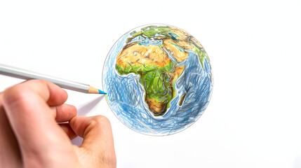 Draw the Earth on paper with colored pencils