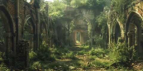 Amidst global warming, nature reclaims war-torn ruins with overgrown vegetation in a poignant display of resilience. - obrazy, fototapety, plakaty