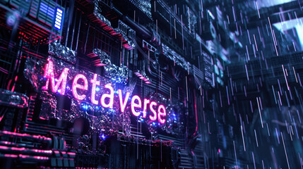 Futuristic cyber space with sign Metaverse, abstract digital world background. Dark cyberpunk city with data lights in rain. Concept of technology, future, tech, - 778498872