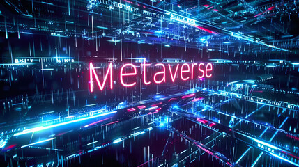 Futuristic dark cyber space with neon sign Metaverse, abstract digital world, lettering on data lights background. Concept of technology, future, tech