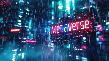 Futuristic dark cyberpunk city with neon sign Metaverse, abstract digital world, lettering on rain and lights background. Concept of technology, cyber future, tech, virtual reality - 778498896