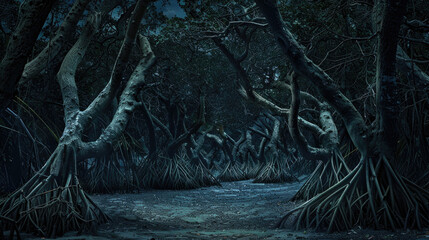 Spooky dark tropical forest at night, scary woods with strange mangrove trees, gloomy fairy tale jungle. Concept of fantasy, surreal nature, horror, - 778499014