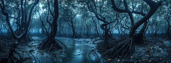 Spooky dark tropical forest, scary woods with strange mangrove trees, panoramic view of gloomy fairy tale jungle. Concept of fantasy, surreal nature, horror, movie - 778499018