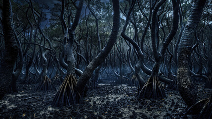 Spooky dark tropical forest at dusk, scary woods with strange mangrove trees, gloomy fairy tale jungle. Concept of fantasy, surreal nature, horror, swamp - 778499026