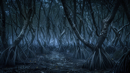 Scary dark mangrove forest at dusk, scary woods with strange tropical trees, gloomy fairy tale jungle with mist. Concept of fantasy, root, horror, movie, swamp - 778499030