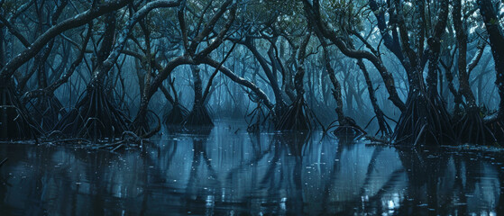 Spooky dark tropical forest, scary woods with strange mangrove trees, panoramic view of gloomy fairy tale jungle. Concept of fantasy, nature, horror, movie, swamp. - obrazy, fototapety, plakaty