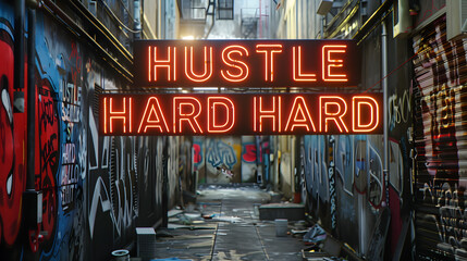 Glowing neon letters forming the phrase HUSTLE HARD against the backdrop of a gritty