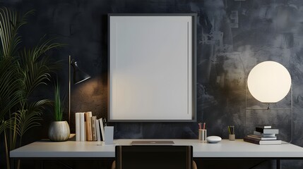 Mockup white  frame on work table in living room interior on empty dark wall background.