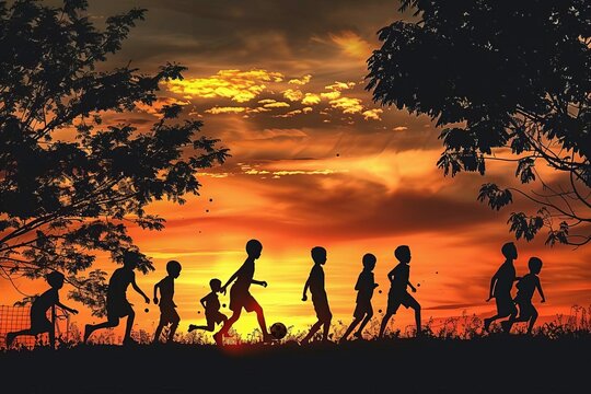 Children playing soccer in park at sunset, silhouette of boys in sporty team, digital painting