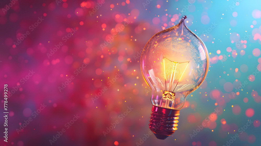 Poster light bulb with glowing light particles on colorful background