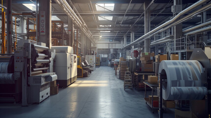 Fototapeta premium A packaging materials manufacturing facility with printing machines and cutting equipment, momentarily silent but ready to produce packaging materials