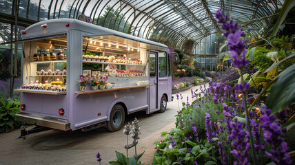A lavender food truck at a botanical garden, its interior serving floral-infused desserts and...