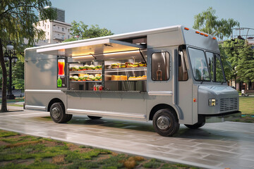 A light grey food truck at a modern urban park, its interior offering gourmet sandwiches and craft sodas. 