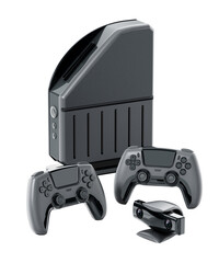 Generic video game console, controllers and camera isolated on transparent background. 3D illustration © Destina