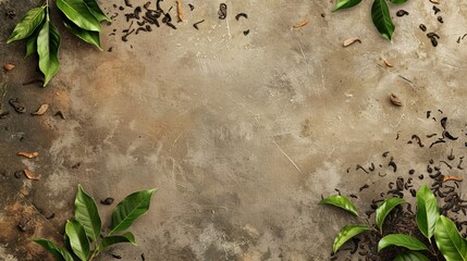 Black tea leaves scattered on a brown concrete background with green tea leaves around the edges. 