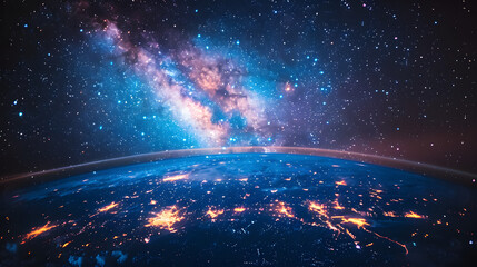 The background image shows the earth from space with stars and the milky way in the background of...