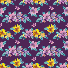 Fototapeta na wymiar Seamless pattern of watercolor pink and yellow flowers and blue green leaves. Hand drawn illustration. Botanical hand painted floral elements on purple background. Aquarelle art. For print decor