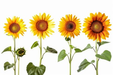 Set of four vibrant sunflowers isolated on white background, floral collection - obrazy, fototapety, plakaty