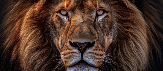 Naklejka premium Close-up portrait of a lion showing its intense gaze and facial features set against a dark, dramatic background