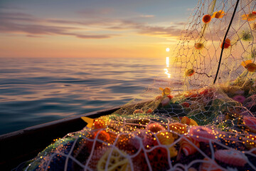 A serene morning on a fishing boat, with the net full of a diverse catch being hauled in, sparkling...