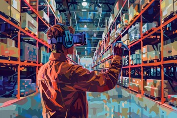 Futuristic Virtual Reality Warehouse Management with Automated Logistics Control - Digital Painting - obrazy, fototapety, plakaty