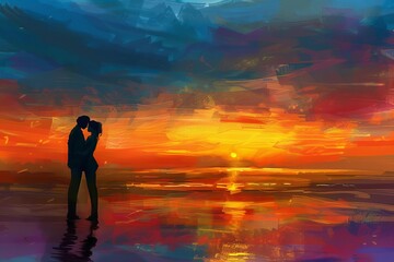 Serene Silhouette of Loving Couple Embracing on Beach at Dreamy Sunset, Digital Painting