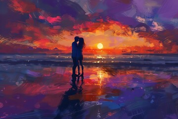 Serene Silhouette of Loving Couple Embracing on Beach at Dreamy Sunset, Digital Painting