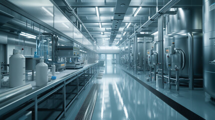 Obraz premium A pharmaceutical compounding facility with mixing tanks and filtration systems, patiently waiting for pharmacists to prepare personalized medications