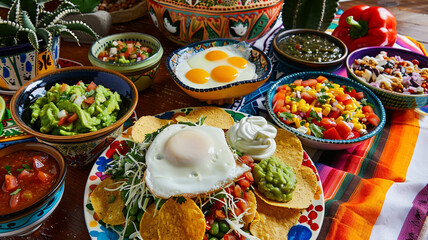 A vibrant Mexican brunch scene featuring huevos rancheros, chilaquiles, fresh guacamole, and a variety of salsas.  - obrazy, fototapety, plakaty