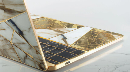 A gold marble laptop cover, where geometric gold inlays add a layer of sophistication and style. 32k, full ultra HD, high resolution