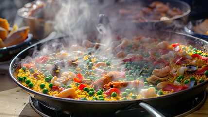 A vibrant seafood paella in a large pan, rich with saffron rice, green peas, red peppers, and a variety of seafood, steam rising, ready to be served at a lively street food festival.