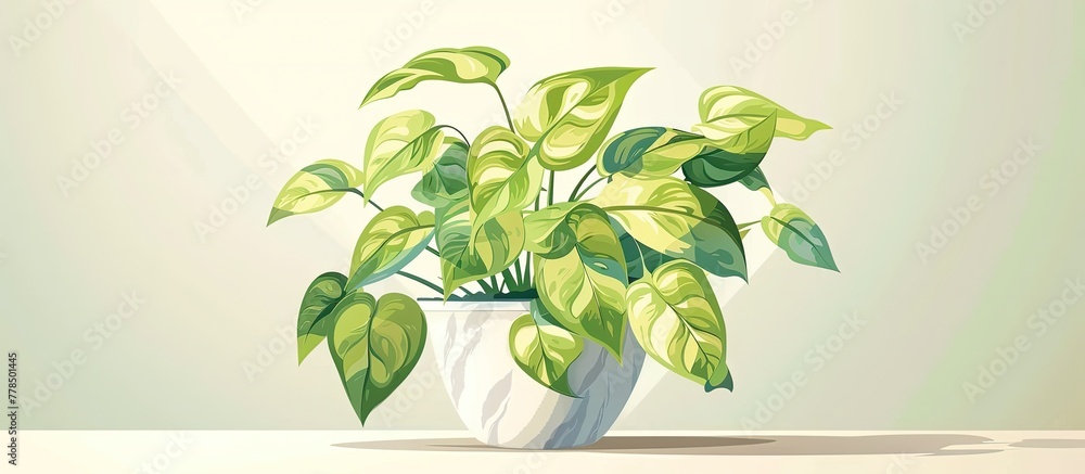 Sticker A potted Plant with green leaves is displayed on a table inside a Building, next to a Rectangle Painting on the wall and a Window letting in natural light