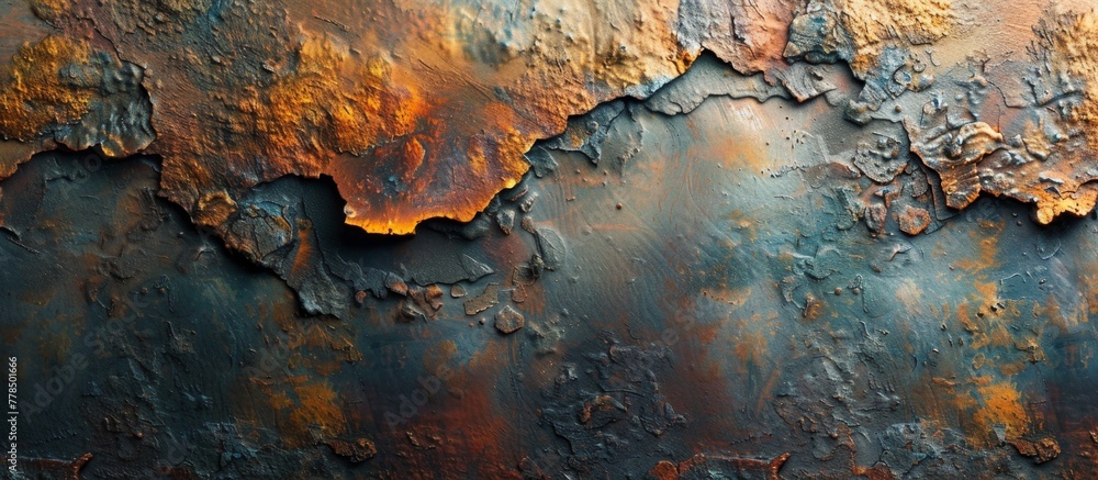 Aufkleber close-up view of a weathered and corroded metal surface showing rust patches and several small crack