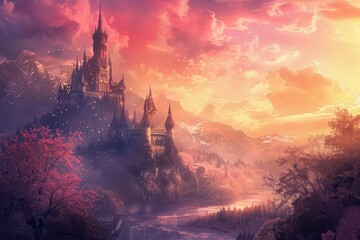 Enchanting Magic Fairy Tale Castle in Dreamy Fantasy Landscape, Digital Painting
