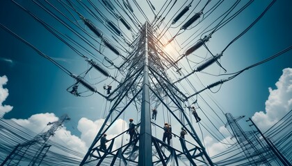 This image captures technicians working on a towering electricity pylon against a clear blue sky with the sun peeking through, emphasizing the scale of human engineering and energy infrastructure.


