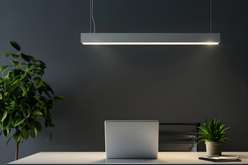 Pendant lamp suspended above an office workspace