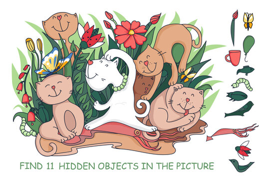 Find the hidden objects. Funny cats among flowers. Educational puzzle game for kids and adults. Sketch Vector illustration